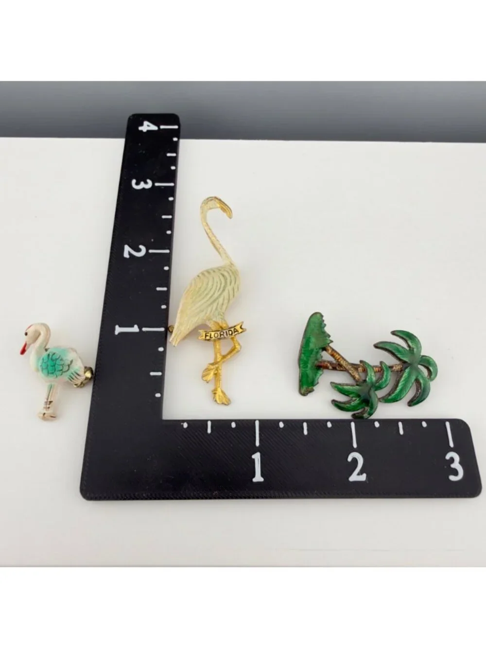 Vintage Enamel Brooch Set Flamingo Palm Tree Crane Pins Retro Florida